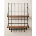 Skygo Çift Ahşap Raflı Metal Duvar Rafı 6 Kancalı Mutfak & Banyo Organizer 60*40 cm - Koyu Kahverengi