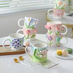 Skygo Krm Kabartmalı Motifli Tasarım Çiçekler Seramik Kupa Bardak Krm - Çok Renkli