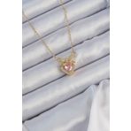 Skygo TJ-BKO9173 316L Çelik Zincir Altın Renk Pembe Zirkon Taşlı Fiyonklu Kalp Kolye