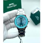 Slazenger Kadın Yeni Sezon Çelik Kordon Gümüş-Turkuaz Renk Kenar İşlemeli Taşlı Orjinal Kol Saati + Bileklik Hediyeli