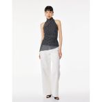 Slim Fit Asimetrik Kesim Kolsuz Dik Halter Yaka Puantiyeli Tül Bluz