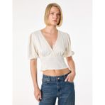 Slim Fit Dantel Detaylı Kısa Balon Kollu V Yaka Saten Crop Bluz