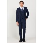 Slim Fit Dar Kesim Kırlangıç Yaka Kareli Yünlü Yelekli Takım Elbise - Lacivert - Siyah - 46 - 6 Drop