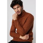 Slim Fit Dar Kesim Tam Balıkçı Yaka Desenli Kahverengi Erkek Triko Kazak