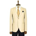 Slim Fit Desensiz Geniş Yaka Krem Erkek Yün Ceket - Wessi