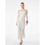 Slim Fit Drape Detaylı Pileli Midi Boy İnce Askılı Dantel Elbise