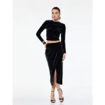 Slim Fit Drapeli Yırtmaçlı Kruvaze Midi Kadife Etek