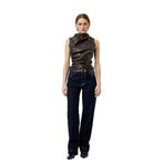 Slim Fit Drapeli Yuvarlak Hafif Dik Yaka Kolsuz Suni Deri Bluz