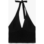 Slim Fit Gipeli Halter Yaka Keten Karışımlı Kolsuz Crop Bluz - Siyah - 36
