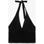 Slim Fit Gipeli Halter Yaka Keten Karışımlı Kolsuz Crop Bluz - Siyah - 40