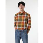 Slim Fit Kareli Sarı Erkek Uzun Kol Gömlek