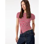 Slim Fit Kısa Kollu Bisiklet Yaka Asimetrik Çizgili Drapeli Bluz