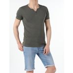 Slim Fit Placket Neck Basic Haki Erkek Kısa Kol Tişört