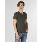 Slim Fit Placket Neck Örme Erkek Haki Kısa Kol Tişört
