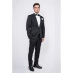 Slim Fit Saten Şal Yaka Siyah Desenli Damatlık - 6 Drop - 52