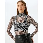 Slim Fit Uzun Kollu Dik Yaka Zebra Desenli Tül Transparan Tişört
