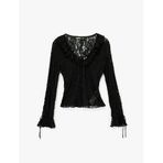 Slim Fit Uzun Kollu Fırfır Detaylı Fiyonklu V Yaka Dantelli Bluz