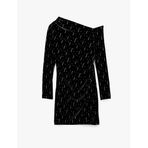Slim Fit Uzun Kollu Taşlı Tek Omuz Mini Kadife Elbise