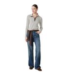 Slim Fit Yarım Düğme Detaylı Dik Yaka Uzun Kollu Çizgili Bluz