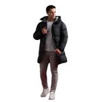 Slimfit Kapşonlu Çıtçıt Ve Fermuar Kapamalı Yan Ve Gögüs Fermuar Cepli Yoğun Elyaf Dolgulu Uzun Mont SİYAH L