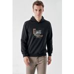 Slimfit Kapşonlu Önü Baskılı 2 İplik Erkek Sweatshirt SİYAH XL