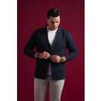 Slimfit Mono Yaka Torba Cepli Kendinden Çizgili Erkek Triko Hırka LACİVERT L