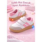 Slipcat Unisex Günlük Işıklı Çocuk Cırtlı Yürüyüş Koşu Sneaker Spor Ayakkabı - Beyaz - Pudra