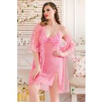 SM UNDERWEAR Kadın Büyük Beden Gecelik 3'lü Takım Pembe Çeyizlik Fantezi Gecelik
