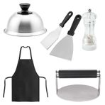 Smash hamburger seti, 6 parçalı, burger presi, 2 ızgara spatulası, burgerksaat, manuel biber değirmeni ve önlük, paslanmaz çelik mangal seti, gazlı mangal, teppanyaki, barbekü için