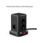 Smayling 3 Usb-A + 1 Type-C Çıkışlı Kule Tipi Akım Korumalı Çoklu Priz – Tek Tuş Kontrol, Kompakt Masaüstü - Siyah