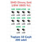 Smd Direnç Seti 1/8w 0805 %1 200 Parça 10 Çeşit 10 330 470 1k 3