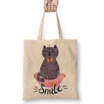 Smile Cat Kedi Bez Çanta Uzun Saplı - Açık Bej - 40 X 40