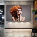 SML Tablo Kızıl Saçlı Gözleri Kapalı Kadın Woman Kuaför Güzellik Merkezi Dekoratif Kanvas Tablo - 90 x 60 cm - Beyaz