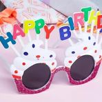 SMR-D010-BEYAZ Happy Birthday Yazılı Beyaz Fuşya Renk Parti Gözlüğü 12x7 cm