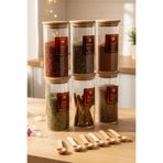 Snippy Nare - 6'lı Bambu Vakumlu Kapaklı Ahşap Kaşıklı Etiketli Cam Baharatlık Cam Saklama Kabı 290 ml
