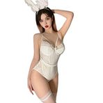 SNOMYRS Seksi dantel tavşan iç çamaşırı kadın Snap kasık iç çamaşırı Bodysuit derin V oyuncak tek parça dantel Babydoll, Beyaz, Tek Beden
