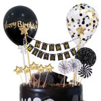 SNOWZAN 12 adet siyah Happy Birthday pasta dekorasyonu, doğum günü, pasta dekorasyonu, pasta dekorasyonu, siyah, parıltılı doğum günü pastası, konfeti balon, yıldızlar, 18. doğum günü erkek çocuklar için