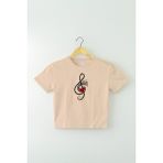 So Cool Bej Renk Crop T-Shirt Müzik Nota Sol Anahtarı Music Baskılı Kadın Tişört Baby Tee