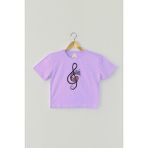 So Cool Lila Crop T-Shirt Müzik Nota Sol Anahtarı Music Mor Renk Kadın Tişört Baby Tee