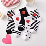 Sockshion Kadın Siyah Beyaz Çizgili Kalp Desenli Yarım Konç Kolej Çorap Seti 5 Çift - 36 - 42 - Karışık