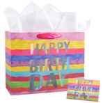 SOFPLATE Gökkuşağı kağıdından 1 set hediye torbası, ombre efektli, 13 x 10,2 x 4,71 cm, 3 festival kartı (4) parlak taşıma çantası, saplı, renkli doğum günü paketleri, parti hediyeleri için