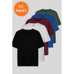 Soft&Basic Kadın 5'li Tişört Paketi %100 Organik Pamuk Oversize Fit Basic Yuvarlak Yaka T-shirt Siyah-beyaz-bordo-indigo-haki