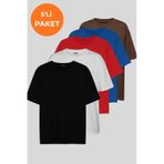 Soft&Basic Kadın 5'li Tişört Paketi %100 Organik Pamuk Oversize Fit Basic Yuvarlak Yaka T-shirt Siyah-beyaz-kırmızı-indigo-kahverengi