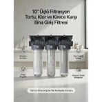 SoftHydra 10 İnç Bina ve Daire Girişi Su Filtre Sistemi - Sayaç Arkası 3'lü Koruma Paketi - Yıkanabilir Sediment + CTO Karbon + Silifoz Kireç Önleyici Filtre Seti - Şeffaf - Siyah