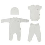Softnbej 4'lü Organik Bebek Hastane Çıkış Seti, Beyaz, Tulum, Body, Pantolon ve Şapka (3-6 Ay)