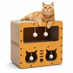 SOGUD Kedi Tırmalama Evi - Ahşap Kedi Oyun Evi 45x28x51 cm - Çift Katlı Karton Tırmalama Tahtalı Uyku Yuvası - Peluş Top Oyuncaklı Evcil Hayvan Mobilyası - Kedi Villa Tasarım