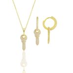 Söğütlü Silver Gümüş altın yaldızlı zirkon taşlı anahtar kolye ve küpe ikili set [barcode]
