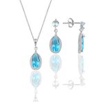 Söğütlü Silver Gümüş rodyumlu akuamarin taşlı damla modeli kolye ve küpe ikili set [barcode]