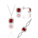 Söğütlü Silver Gümüş Rodyumlu Kırmızı Taşlı Kare Kolye Küpe ve Bileklik