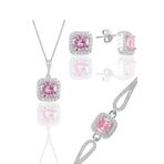 Söğütlü Silver Gümüş Rodyumlu Pembe Taşlı Kare Kolye Küpe ve Bileklik